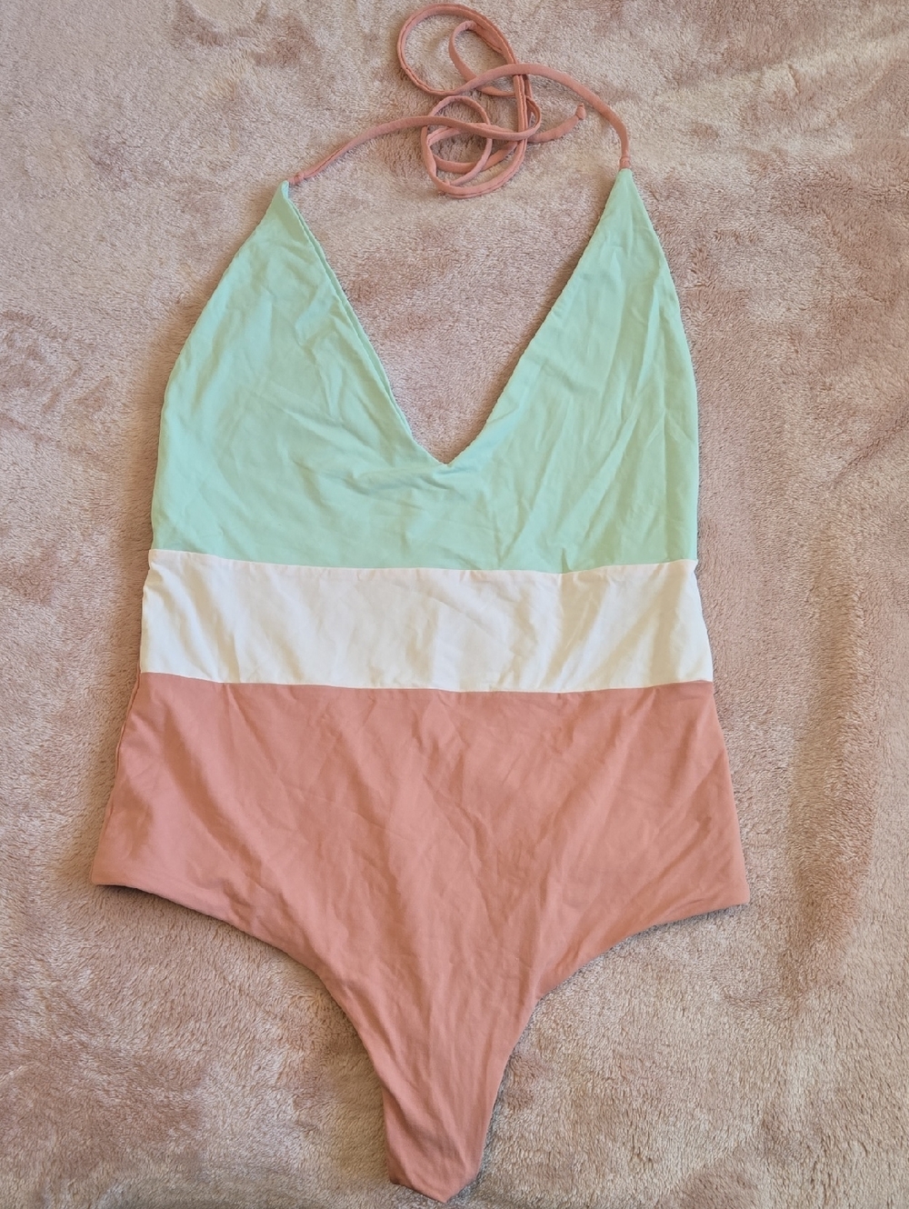 Colorblock Halter One-Piece Swimsuit - Mint, White & Dusty Rose - S